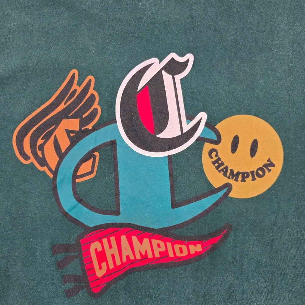 Champion Mens 2XL Forest Green Graphic T-Shirt Smiley Face Pennant Streetwear - Picture 8 of 9